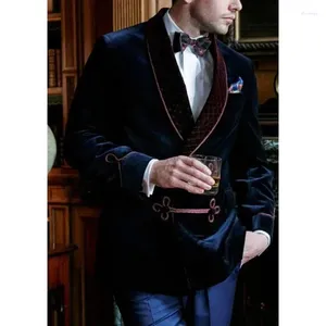 Costumes pour hommes Blazer de dîner formel à simple boutonnage Bleu marine Velvet Prom Hommes Costume Veste Châle Revers Custom Male Fashion Coat 2024