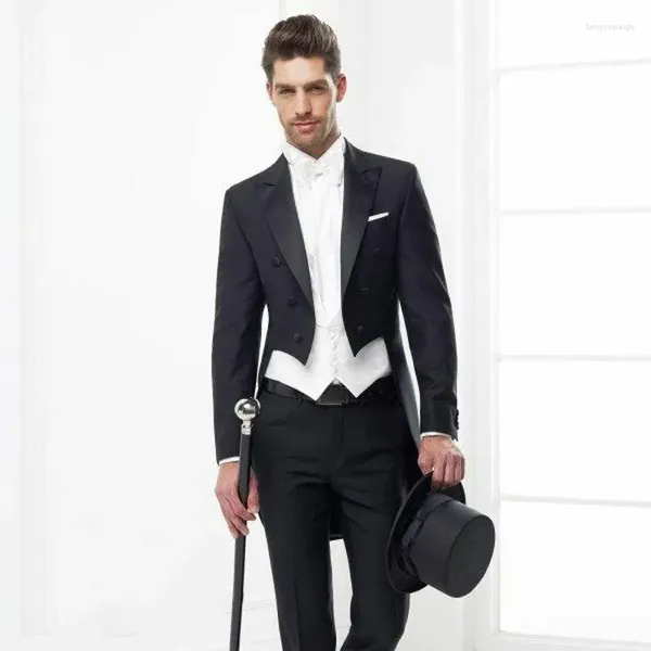 Costumes pour hommes Slim Fit Noir Tailcoat Hommes Pour Mariage Longue Veste Personnalisé Marié Tuxedos Homme Blazers 3 Pièces Terno Masculino Costume Homme