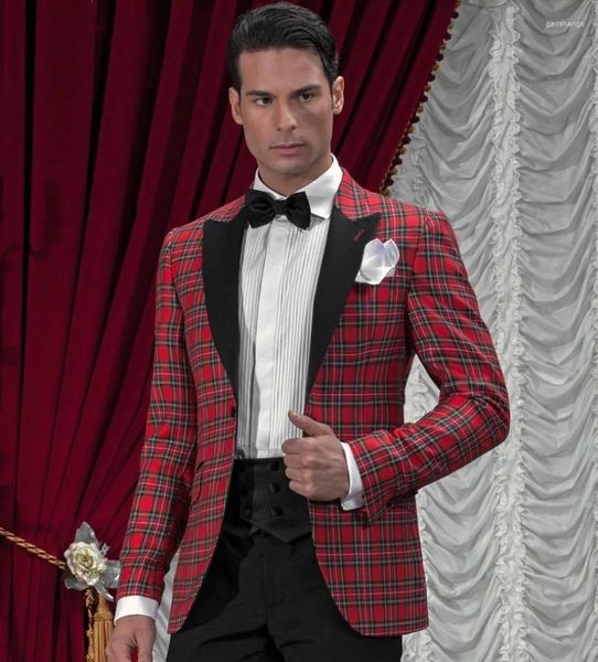 Costumes pour hommes, Blazer coupe cintrée, sur mesure, Tartan rouge, Tuxedos de mariage pour hommes (veste, pantalon, cravate), 2023