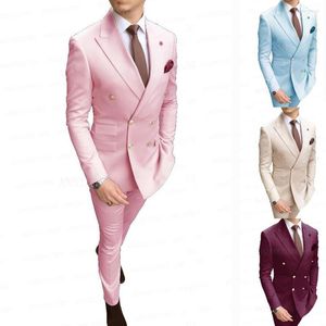 Costumes pour hommes Slim Fit Double boutonnage rose costume hommes ensemble sur mesure marié mariage smoking mâle formel Blazer affaires veste avec pantalon