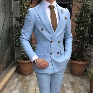 Herenkostuums Slim Fit Double Breasted Pak voor mannen 2-delig Lichtblauw Bruiloft Smoking Bruidegom 2023 Piekte revers Aangepaste man mode kostuum