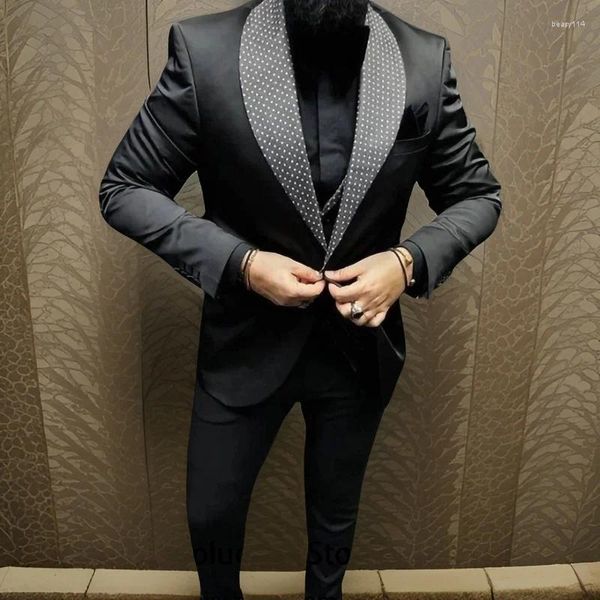 Trajes de hombre ajustados para hombre 3 uds esmoquin de boda novio chaqueta de puntos negros con chaleco pantalones conjunto de moda chal solapa Blazer 2024