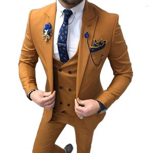 Trajes de hombre Slim Fit estilo casual marrón masculino moda boda esmoquin para padrinos de boda cena chaqueta de 3 piezas con pantalones chaleco