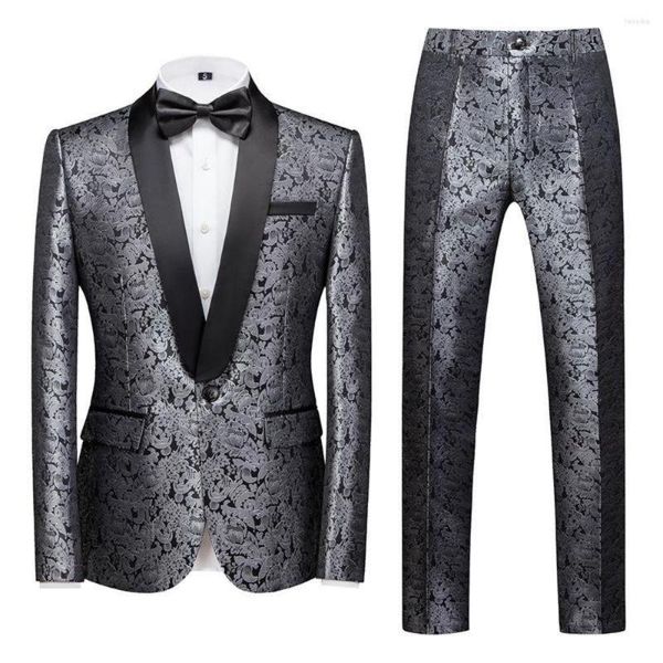 Costumes pour hommes Ruban Gris Hommes Costume 3 Pcs De Luxe Jacquard Tissu Un Bouton Noir Châle D'affaires Slim Fit De Mariage Soirée Manteau Gilet Pantalon