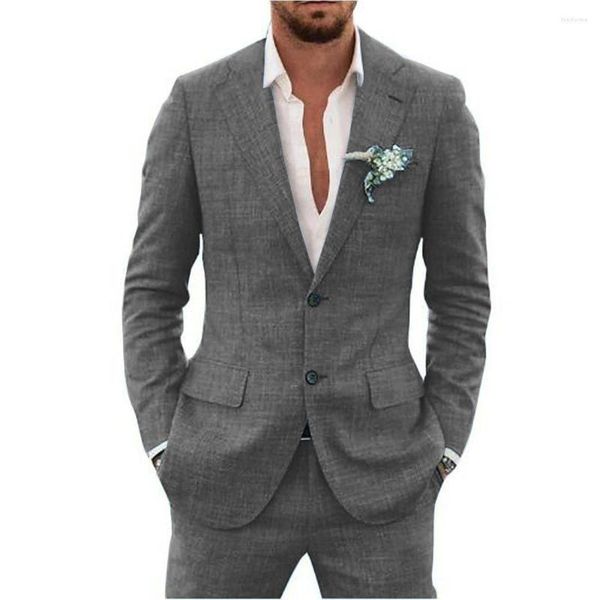 Trajes de hombre Slub de algodón y lino, traje completo de tela con cuello de solapa, conjunto de 2 piezas de un solo pecho, chaqueta elegante de alta calidad para hombre