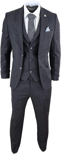 Trajes de hombre de rejilla pequeña 3 uds chaqueta pantalones chaleco traje de hombre gris a cuadros ropa de boda clásica solapa de muesca Vintage Prom/cena Blazer