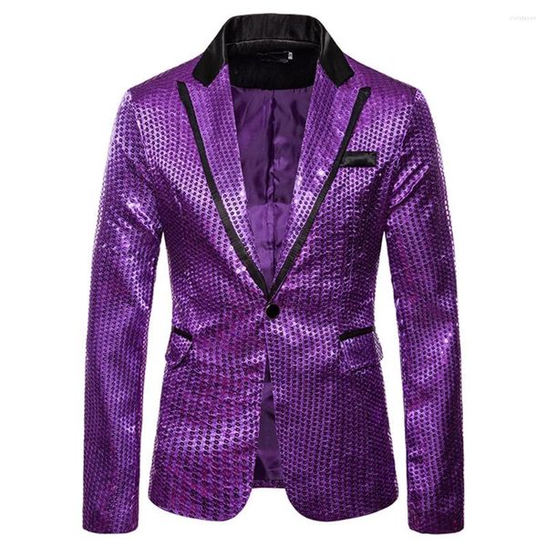 Trajes de hombre Color sólido cuello de solapa brillante lentejuelas decoradas Blazers chaqueta graduación etapa hombre abrigo Tops Clubwear