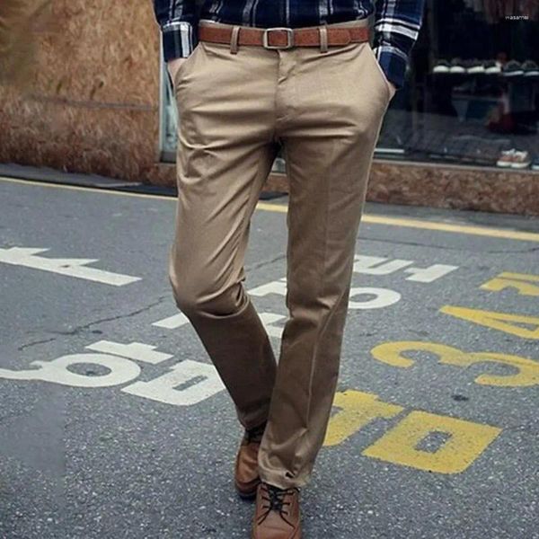 Trajes para hombres Pantalones de color sólido Pantalones largos para hombres Elegante Slim Fit Negocios Transpirable Suave Cintura media con bolsillos