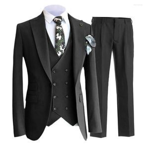 Herenpakken Solutedress Herenpak Zwart Slim Double Breasted Rapel Business Meeting Wedding Bruidy Customization (Blazer Vest Pants)