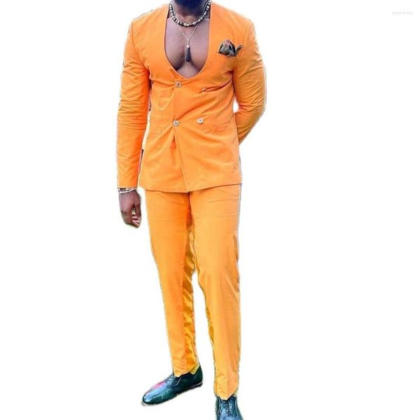 Costumes pour hommes Design spécial Orange Hommes Pas de col Costume Homme Slim Fit Tuxedo Masculino Blazer Ensembles Prom Daily Wear 2 pcs Veste Pantalon