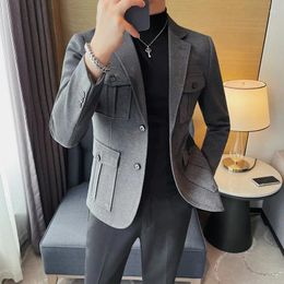 Costumes pour hommes Veste de sport Automne Tweed Costume Hiver Épais Simple boutonnage Multi-poches Slim Business Formel