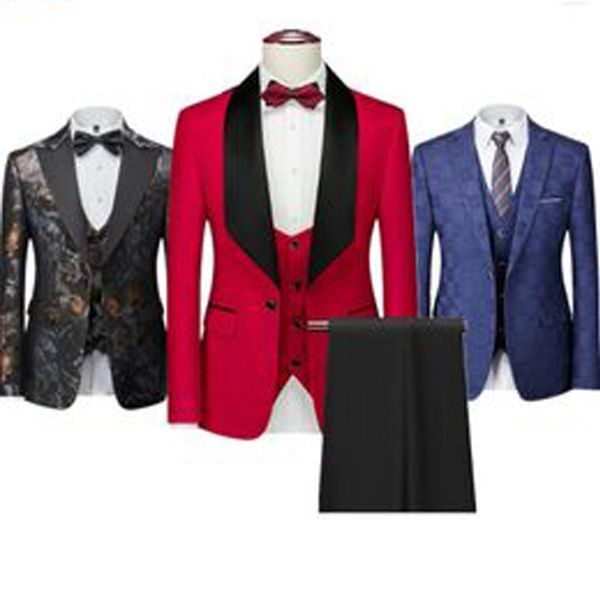 Costumes pour hommes printemps et automne costume trois pièces de tissu de levage Blazer veste gilet pantalon bleu rouge blanc gris rose ensembles masculins