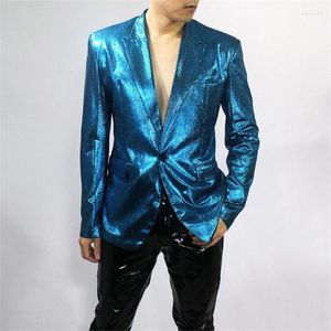 Costumes pour hommes printemps Blazers vestes été mince vêtements brillants discothèque Blingbling scène Costumes Vestito Matrimonio Uomo bleu