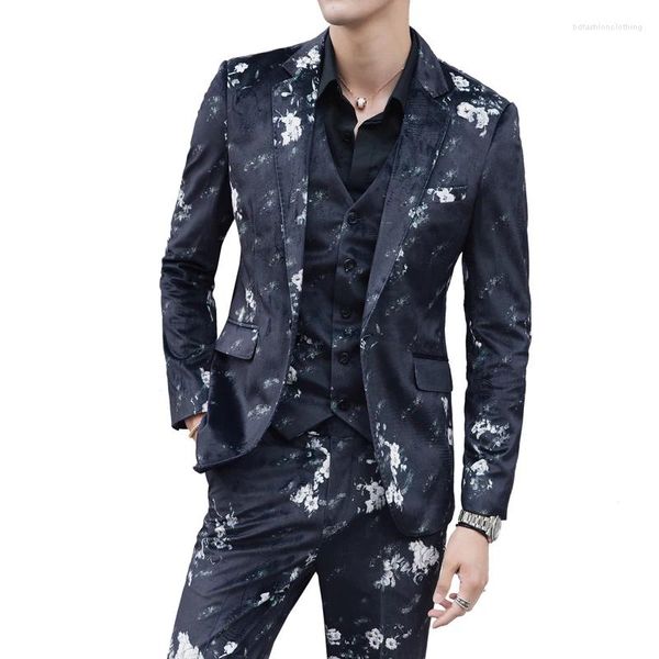 Trajes para hombres Primavera de tres piezas Chaqueta para hombre Chaleco Pantalón Moda Traje de alta calidad Blazers y pantalones Estampado floral Tamaño asiático S-5XL