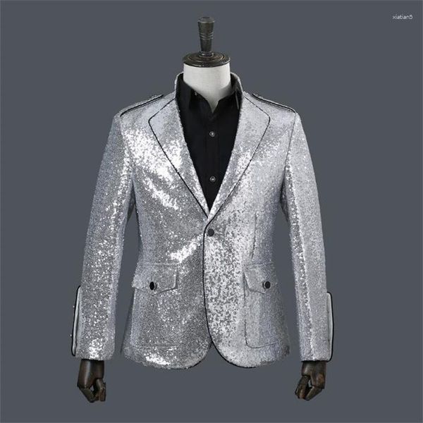 Costumes pour hommes Col montant Flanger Hommes Designs Costumes de scène pour chanteurs Blazer à paillettes Vêtements de danse Veste Star Style Robe Argent