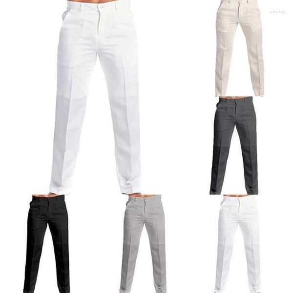 Costumes pour hommes poche sur pied pantalon en lin décontracté pantalon blanc uni grande taille 3Xl hommes pantalons de survêtement à la mode droite homme Streetwear