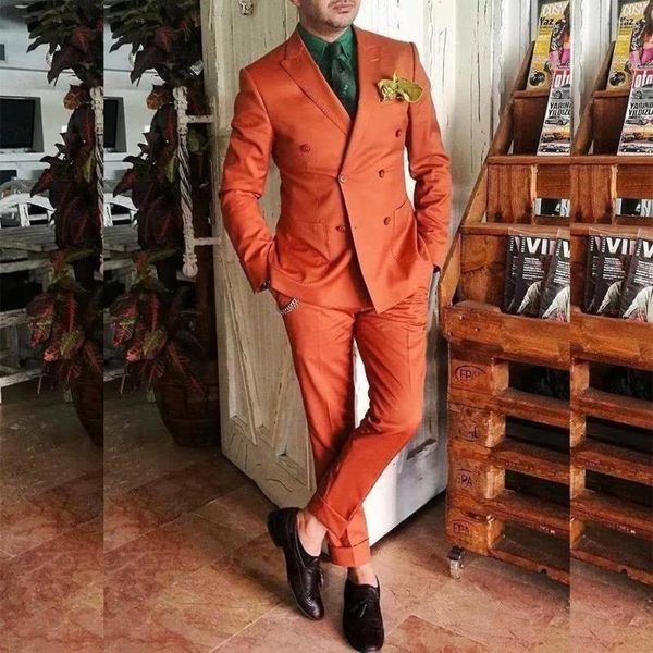 Costumes pour hommes STEVDITG Orange ensemble complet revers à pointe Double boutonnage tenues de fête de bal décontracté 2 pièces veste pantalon Costume