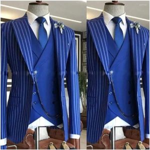 Costumes pour hommes Stripe Blue Grey Navy Mens Costume Slim Fit 3 pièces Tuxedos pour mariage sur mesure Males Prom Blazer Pantalon (veste pantalon gilet)