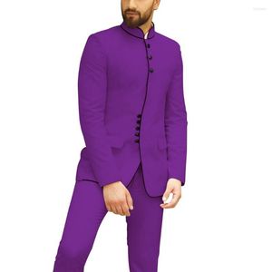 Costumes pour hommes Style hommes violet marié Tuxedos Mandarin revers garçons d'honneur 2 pièces mariage/bal homme (veste pantalon cravate) D4