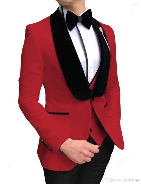 Trajes de hombre estilo hombres rojo y negro novio esmoquin chal terciopelo solapa padrino boda (chaqueta pantalones chaleco pajarita) D259