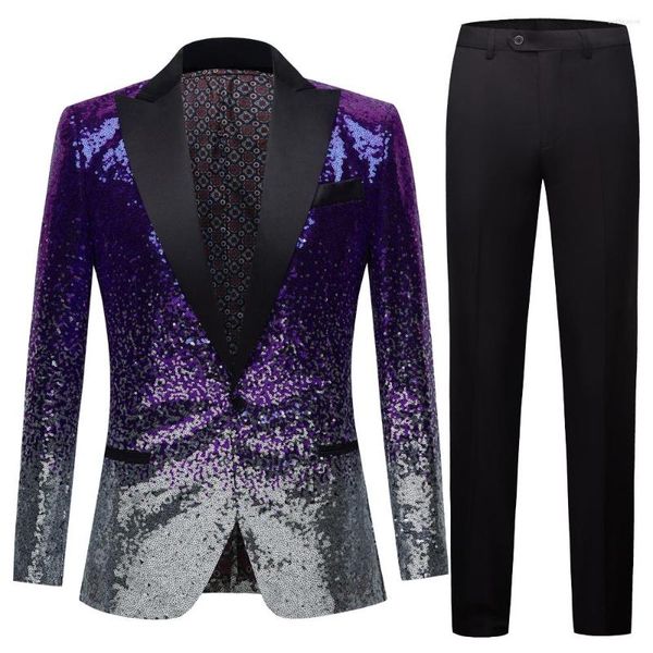 Trajes de hombre con estilo negro azul violeta dos colores lentejuelas Slim Fit brillante Blazers fiesta graduación escenario DJ cantantes traje chaqueta traje Blazer