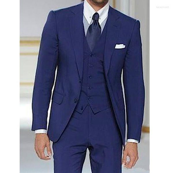 Trajes de hombre Diseño elegante Dos botones Azul Novio Esmoquin Padrinos de boda Muesca Solapa Hombres Blazers (Chaqueta Pantalones Chaleco Corbata) W: 1116