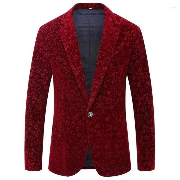 Costumes pour hommes élégant velours floral smoking costume veste revers cranté un bouton rouge blazers hommes fête de mariage dîner costume homme