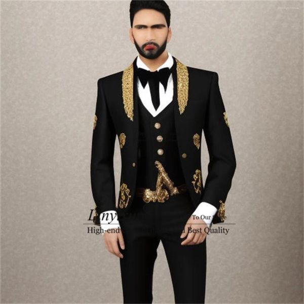 Costumes pour hommes Élégant Or Brodé Marié Mariage Tuxedos 3 Pièces Ensembles Hommes Costume Slim Fit Bal Blazers Pantalon Tenue Costume D'affaires Homme