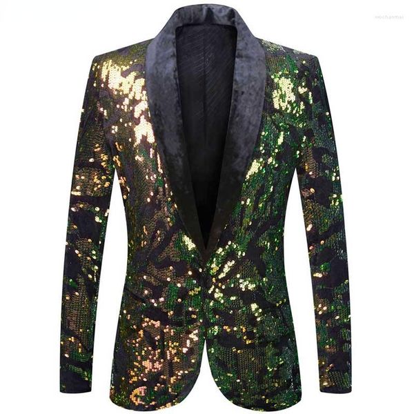 Trajes para hombre, elegante traje de lentejuelas verdes, chaqueta para hombre, un botón, chal, cuello, esmoquin, Blazers para hombre, ropa de escenario para fiesta de boda para cantantes