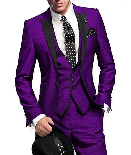 Costume pour hommes Suit 3 pièces Purple Slim Fit Business Leisure Banquet de mariage Bridesman Set Veste Veste avec pantalon