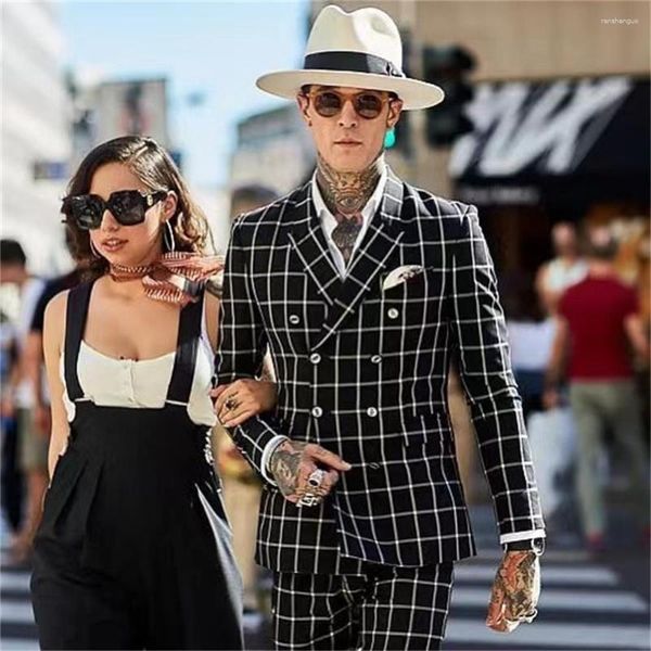 Trajes de hombre traje negro a cuadros doble botonadura chaqueta masculina novio estilo de negocios Casual ajustado trajes de boda de lujo 2 piezas