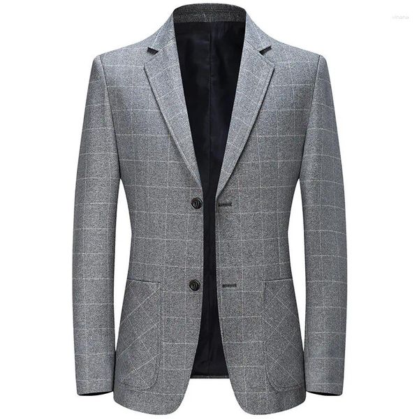 Trajes para hombre, abrigo de traje a la moda a cuadros, gris y azul, chaqueta ajustada de un solo pecho para hombre, chaqueta informal de negocios de otoño 2023 para hombre