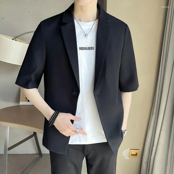 Trajes de hombre Chaqueta de traje Ropa de hombre Verano Coreano Casual Traje de manga corta Homme Moda Color sólido Chaqueta de una sola hebilla Abrigo