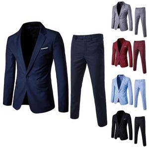 Ternos masculinos terno jaqueta calças conjunto elegante negócio lapela único botão casaco fino ajuste com bolsos workwear para um