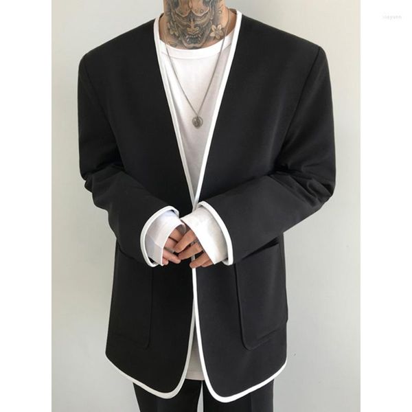 Costumes pour hommes costume veste printemps automne coréen lâche décontracté sans col noir Blazers col en v bouton unique manches longues manteau masculin