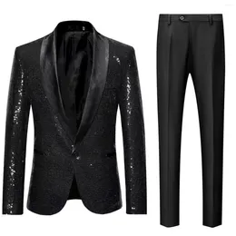 Costume de combinaison masculine paillettes veste châle noire pantalon à revers à un bouton pour deux pièces dîner bal smoking décontracté
