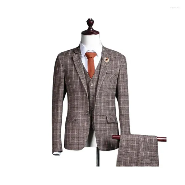 Trajes para hombre, traje de tres piezas, ajustado, gris claro, vestido a cuadros para boda, hombre, banquete, baile, esmoquin, escenario