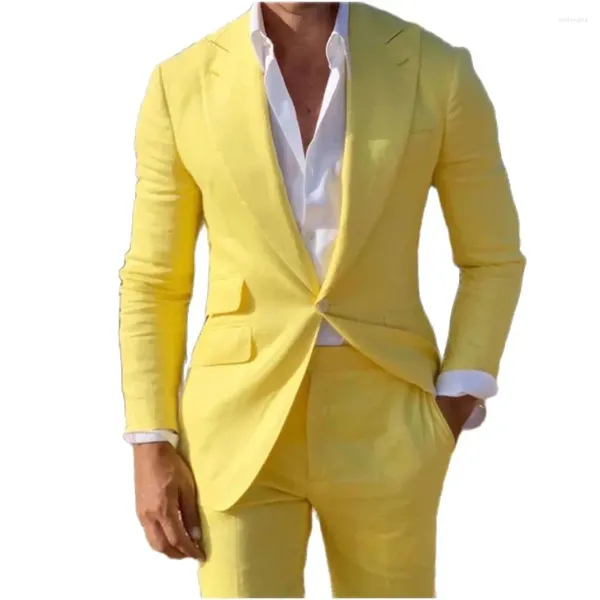 Costumes pour hommes Summer Bage Men Slim Fit 2 pièces Smoking Yellow Paped Costume Costume Blazer avec pantalon Groom Prom Vêtements masculins