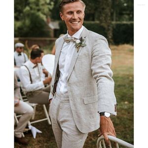 Herenpakken zomer beige 2 -delige mannen slanke zakelijke linnen pak bruidegom bruiloft smoking tailor gemaakte casual jas pant