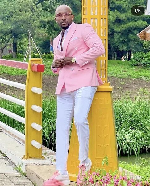 Trajes para hombres Summer Casual Pink Pink Doble Men Boda Fashion Groom Tuxedos Terno Masculino Slim Fit Prom Blazer (Pantalones de chaqueta)