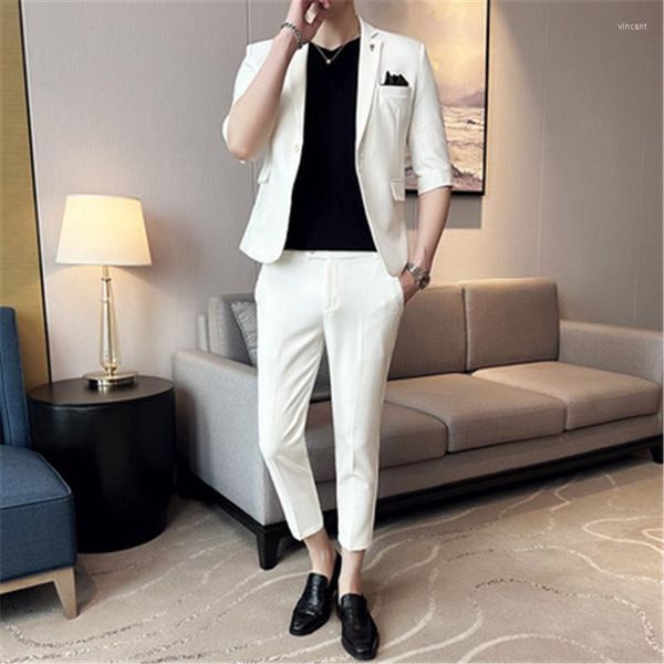 Costumes pour hommes été demi manches hommes ensemble 2 pièces avec pantalon Slim Fit blanc Blazer robes de bal homme vêtements Ternos Costume 2023