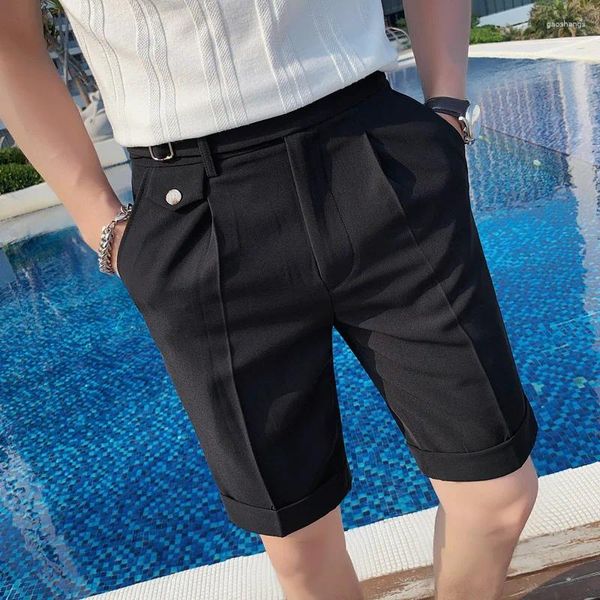 Trajes para hombre, pantalones de verano de alta calidad, pantalones cortos de traje de Color sólido a la moda, pantalones ajustados de cinco puntos en blanco y negro