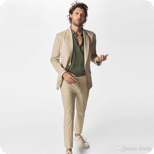 Trajes de hombre, chaqueta de verano caqui para hombre, chaqueta, abrigo de negocios, pantalón ajustado con solapa con muescas, traje para hombre, traje ajustado de 2 piezas para boda para hombre