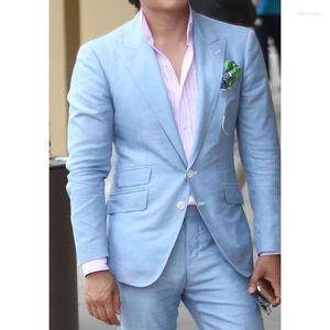 Costumes pour hommes Summer Blue Light Men 2 pièces Pepped Adpel Wedding Voyage Daily Casual Casual Blazer Set Costume Homme Veste Pantalon