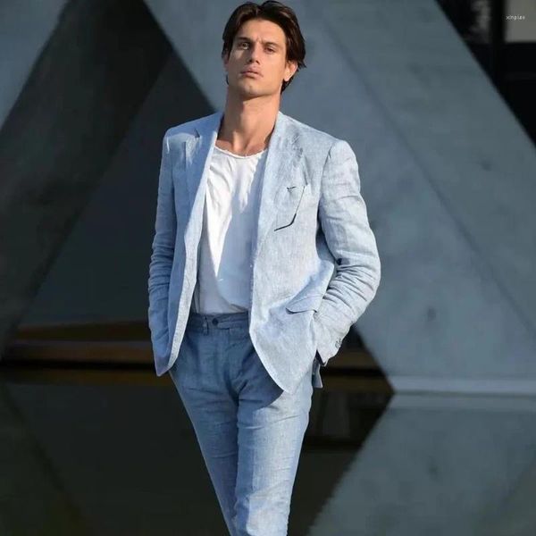 Trajes de hombre de lino de verano traje masculino de 2 piezas solapa de muesca Formal sólido para hombres trajes diarios casuales inteligentes esmoquin de novio de boda delgado