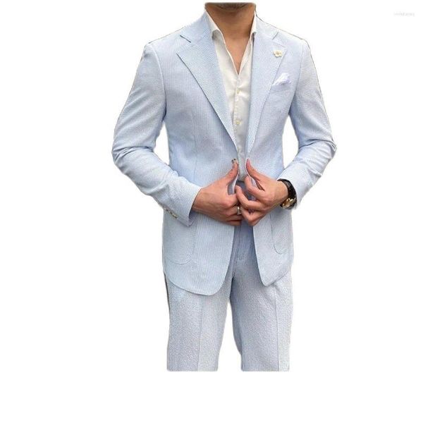 Costumes pour hommes Summer Seersucker Hommes Costume Loisirs Bleu Rayé Mince British Gentry Vêtements Business Groom Mariage Blazers Tuxedos Slim Fit