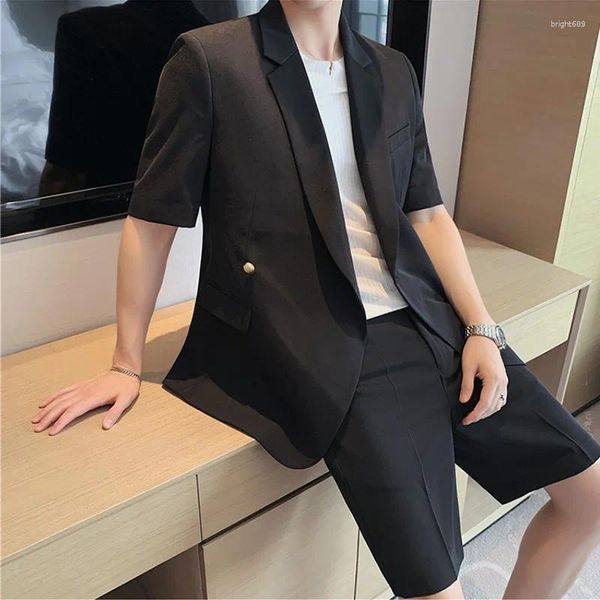 Costumes d'été pour hommes, veste de costume à manches courtes, Short taille extensible, Style coréen, noir, blanc, fin, droit, bel ensemble de mode pour hommes