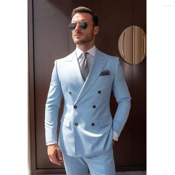 Costumes pour hommes Été Bleu Ciel Hommes Deux Pièces Gentleman Marié Mariage Tuxedo Mode Smart Casual Bureau Costume Homme Slim (Veste Pantalon)