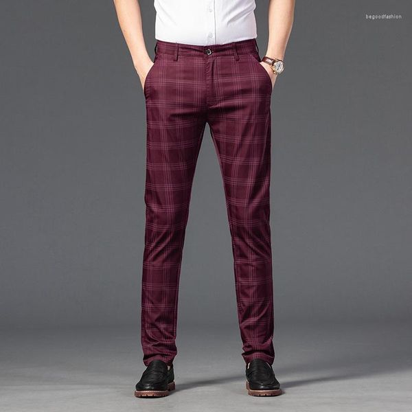 Trajes de hombre, pantalones a cuadros ajustados de verano, estilo coreano, ajuste Regular, para trabajo Formal, negro, rojo, moda 2023, pantalones para hombre