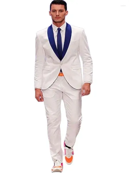 Trajes de hombre estilo veraniego, doble botonadura, esmoquin para novio, chaqueta a medida para hombre, pantalones, traje de boda (chaqueta marfil, pantalones negros con lazo)